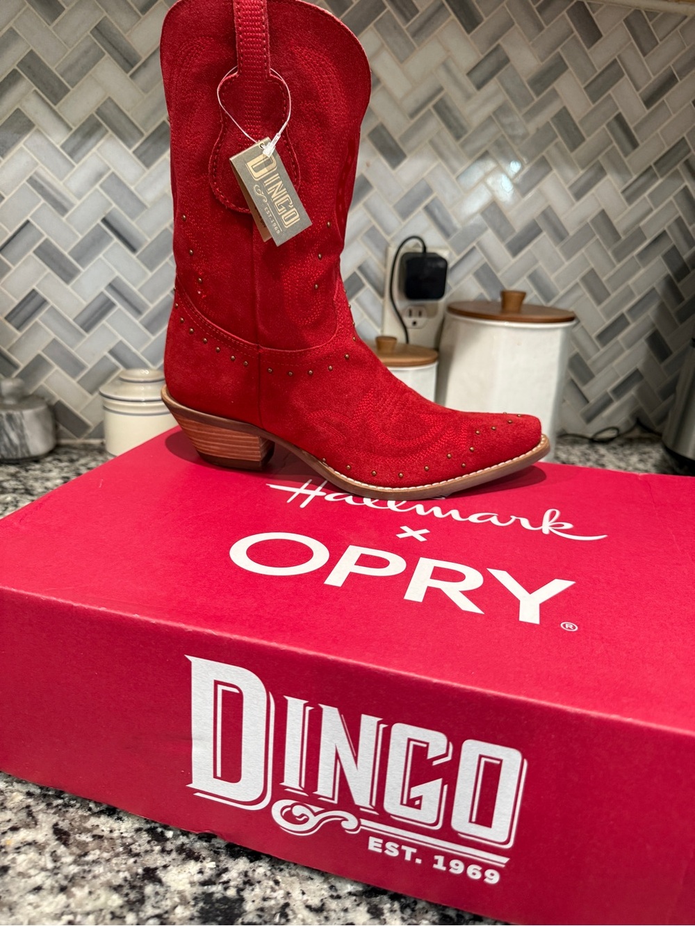 Dingo Hallmark x Opry Collab Merlot Red Suede Western Ankle Boot